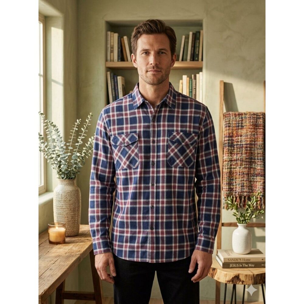 Jachs New York Shirt Men's XL Blue Plaid Button Up Long Sleeve Cotton 2 Pocket